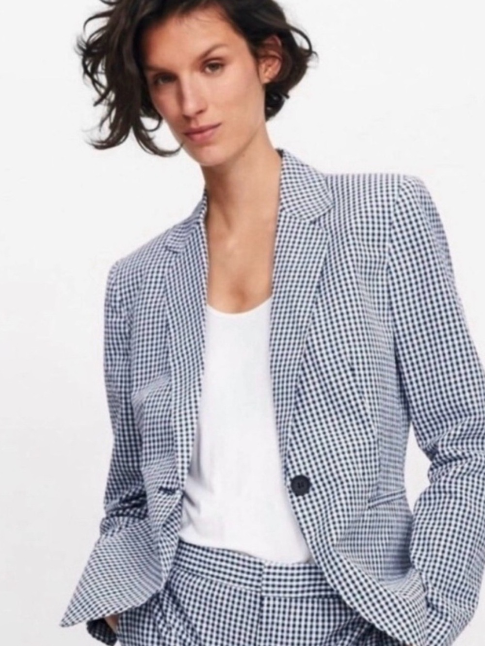 Zara navy blue & white gingham printed single breasted blazer jacket